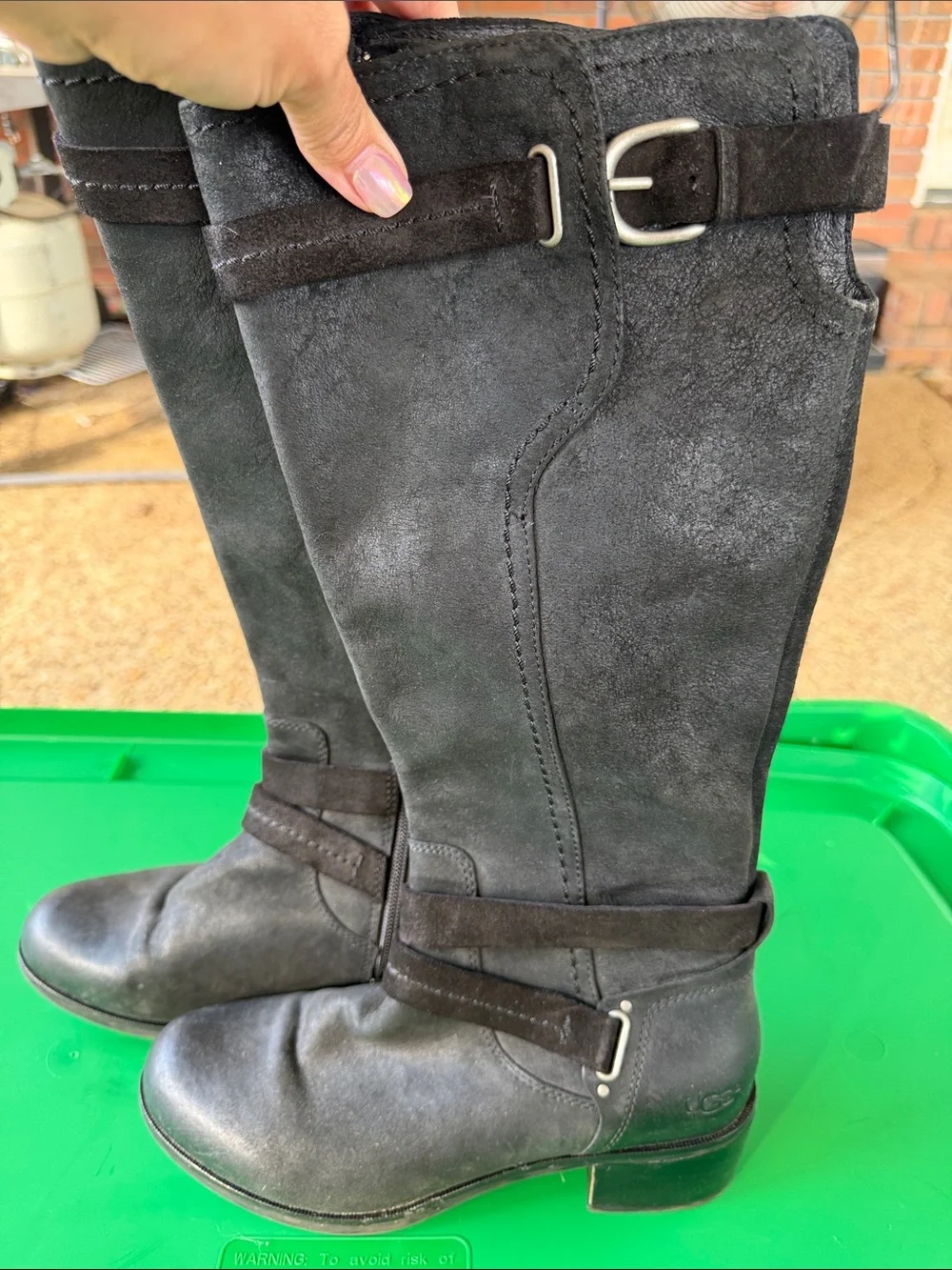 UGG Black Suede Knee-High Boots with Buckle Accent